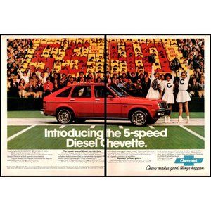 1982 Chevy Diesel Chevette 2 Page Vintage Print Ad Football Cheerleader Wall Art
